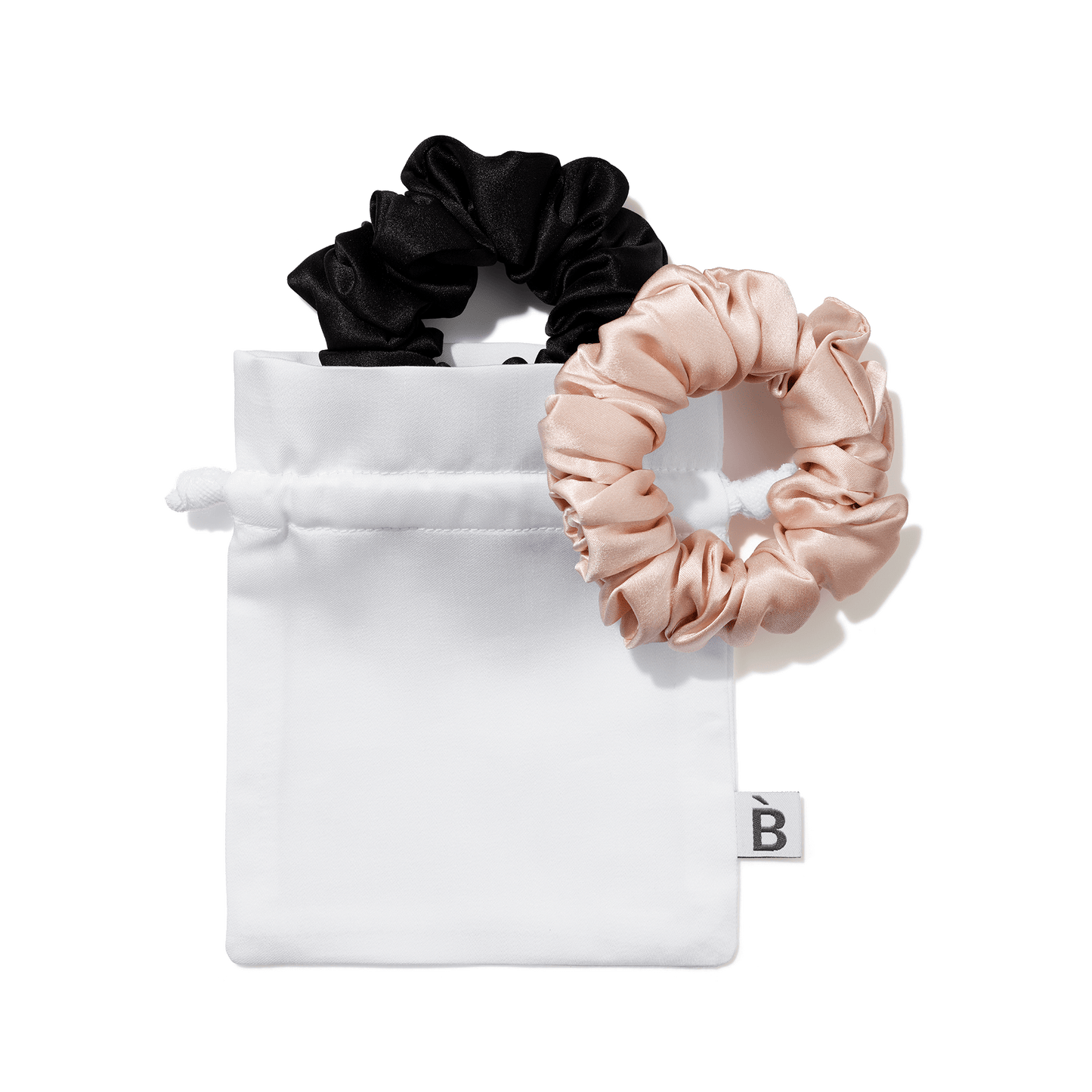 Medium pack silk scrunchies in a white pouch