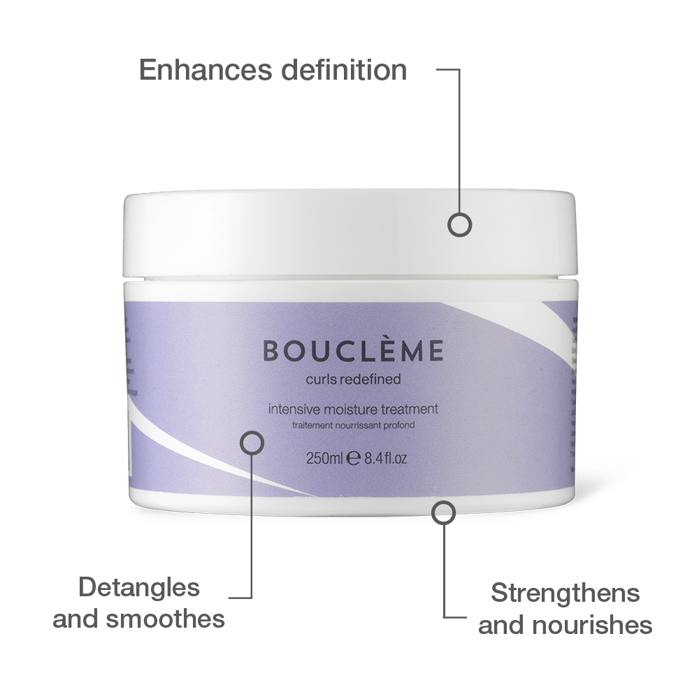 Intensive Moisture Treatment graphic highlighting how the cream enhances definition, detangles and smoothes curly hair and strengthens and replenishes dry strands