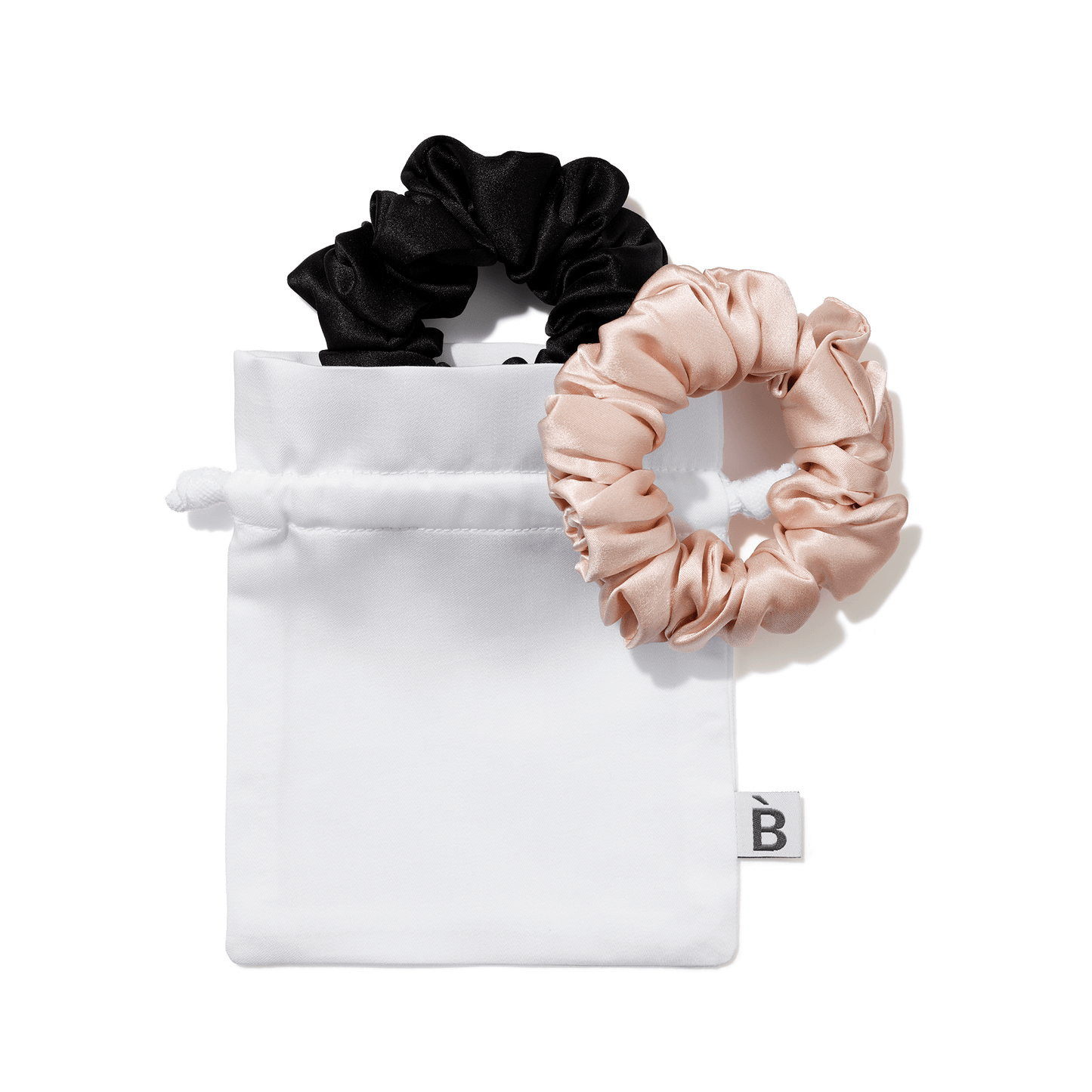 Medium pack silk scrunchies in a white pouch