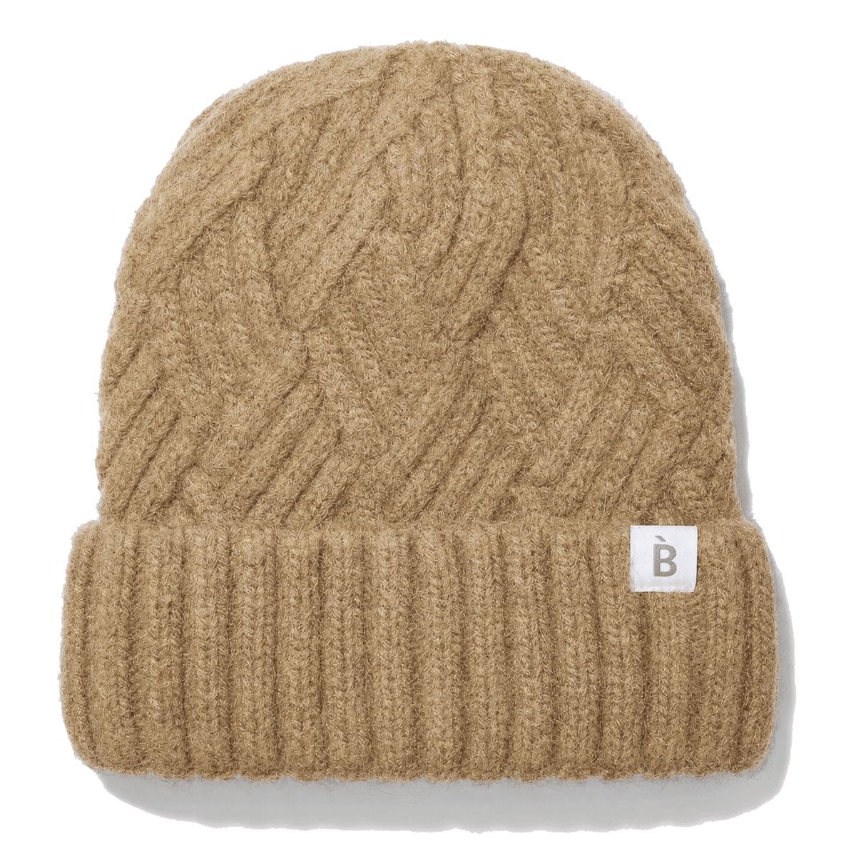 A camel cable-knit beanie hat with a ribbed cuff and a small white square label featuring a gray letter 'B', shown on a white background with a soft drop shadow.