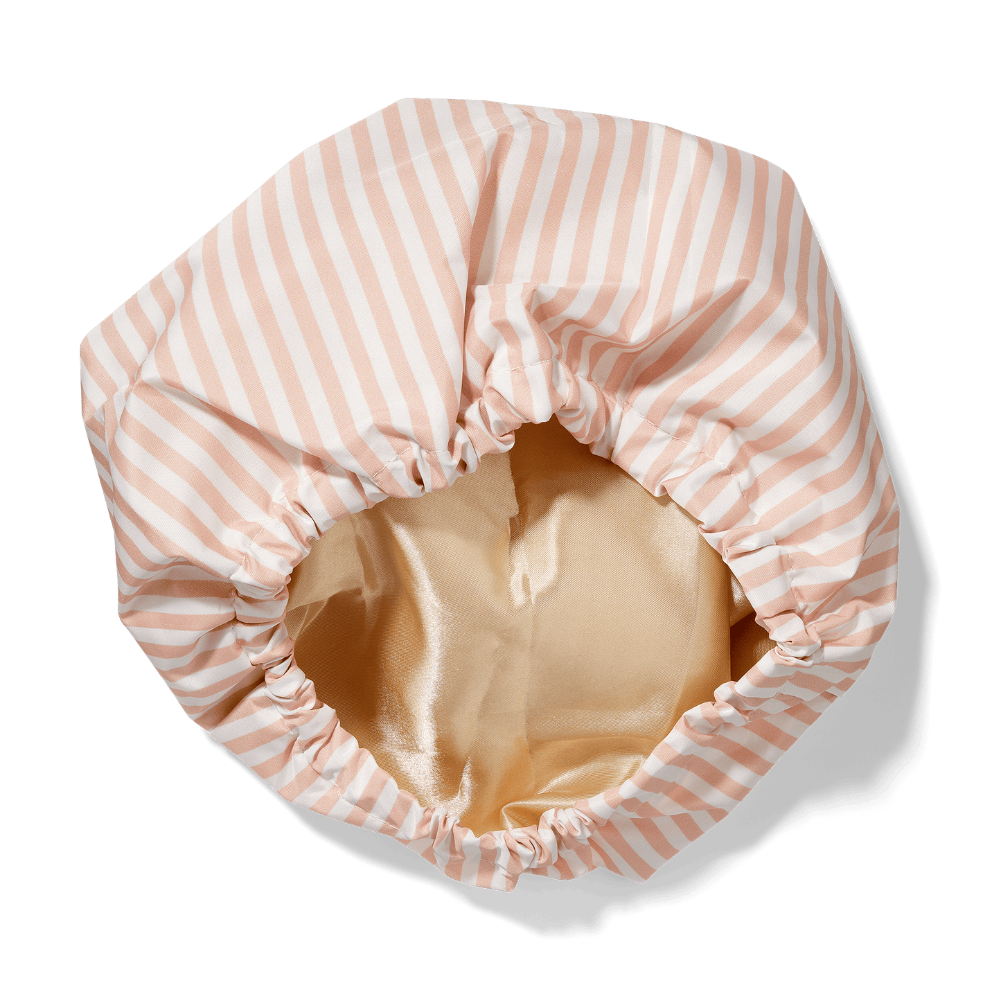 Bouclème pink and white striped satin lined shower cap on a transparent background