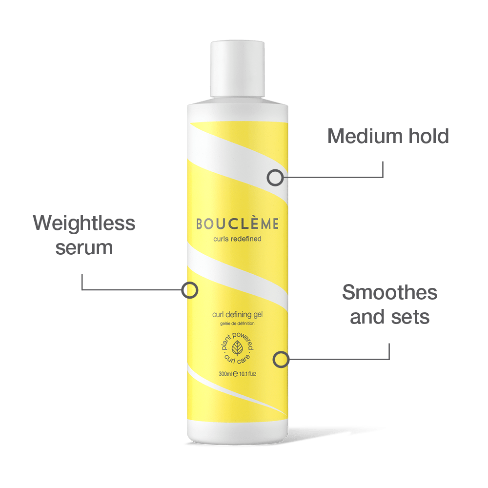 Bouclème Curl Defining Gel infographic showcasing benefits: medium hold, shine-enhancing finish, and frizz-free definition for all-day style retention.