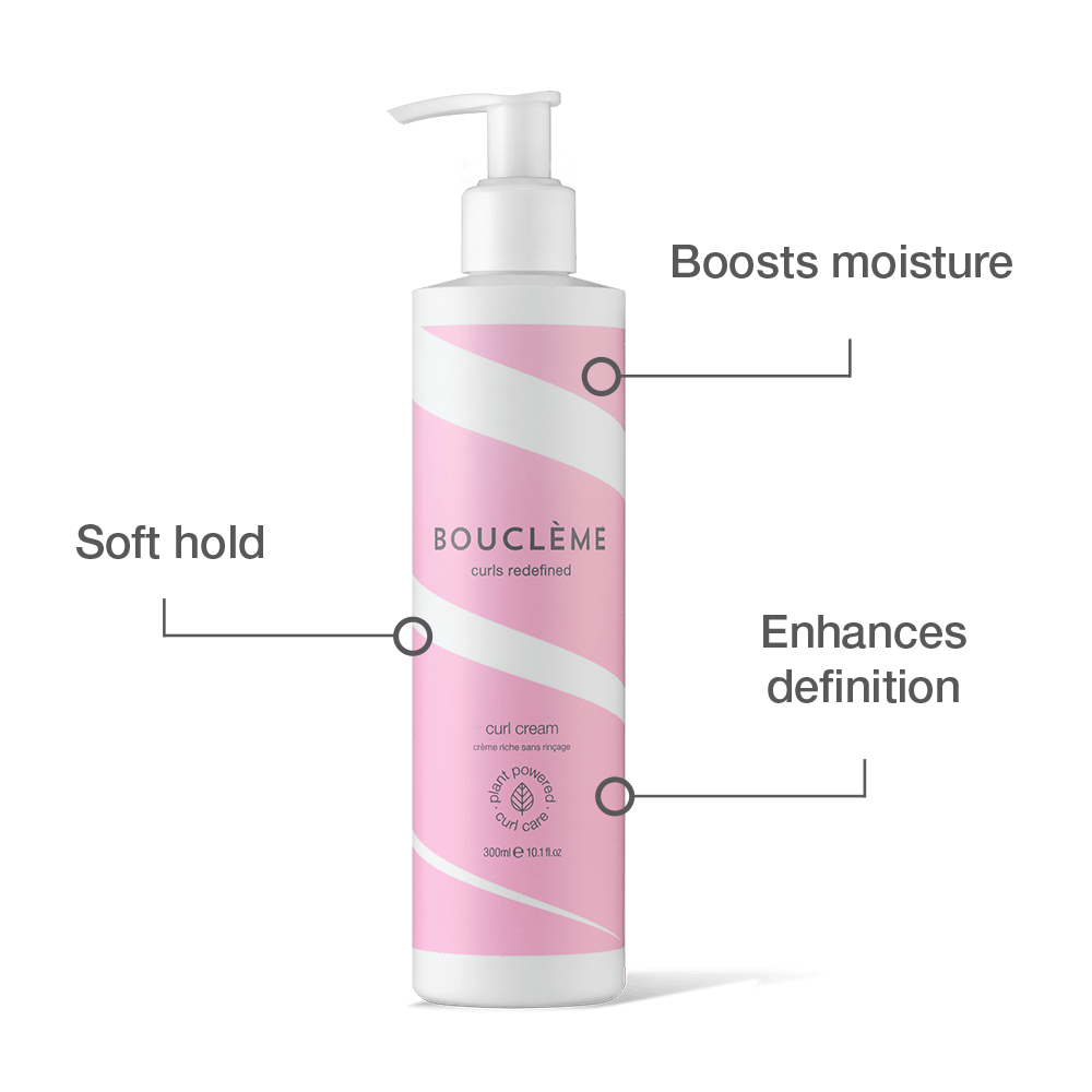 Bouclème Curl Cream infographic highlighting key benefits: ultra-nourishing hydration, soft definition, and frizz control for touchable curls.