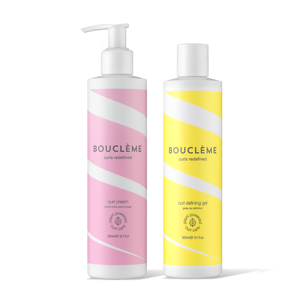 Bouclème Curl Cream and Curl Defining Gel bundle against a cream background – the perfect curl styling duo for hydration, definition and long-lasting hold.