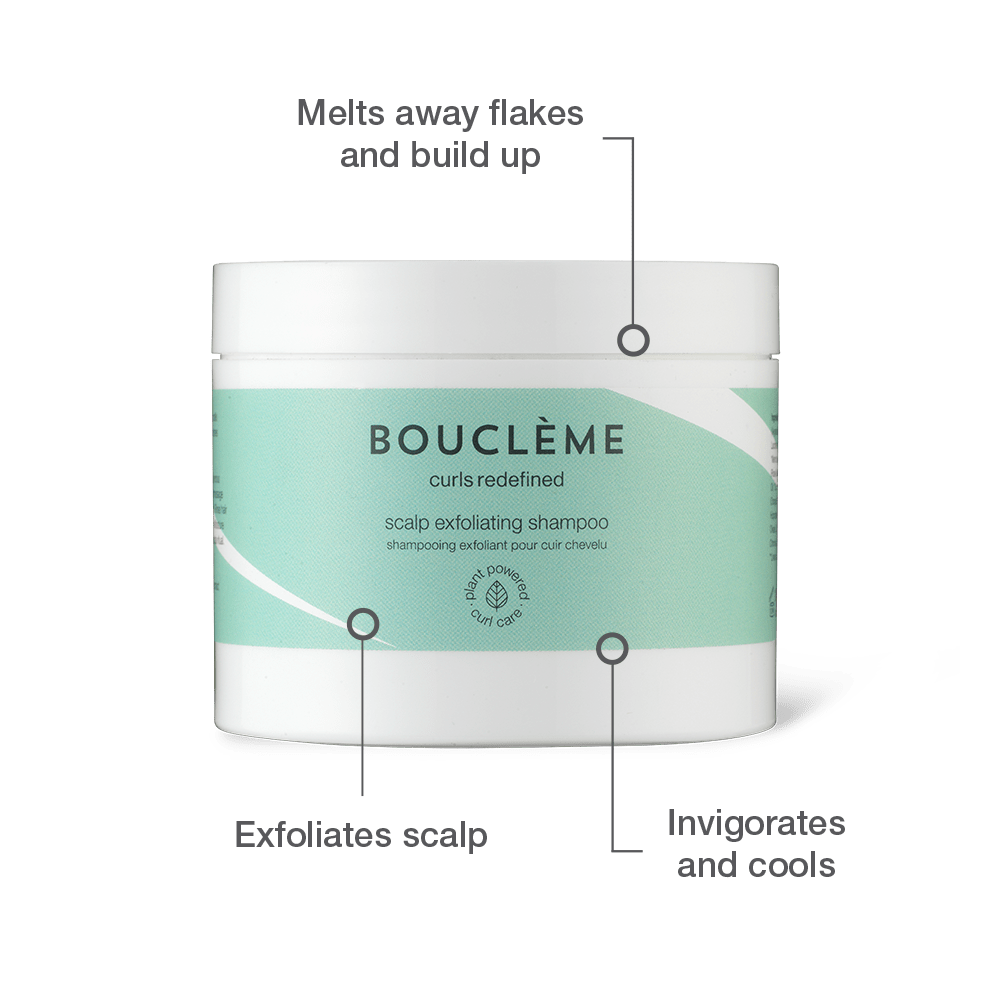 Bouclème scalp exfoliating shampoo jar with text highlighting its benefits on a cream background