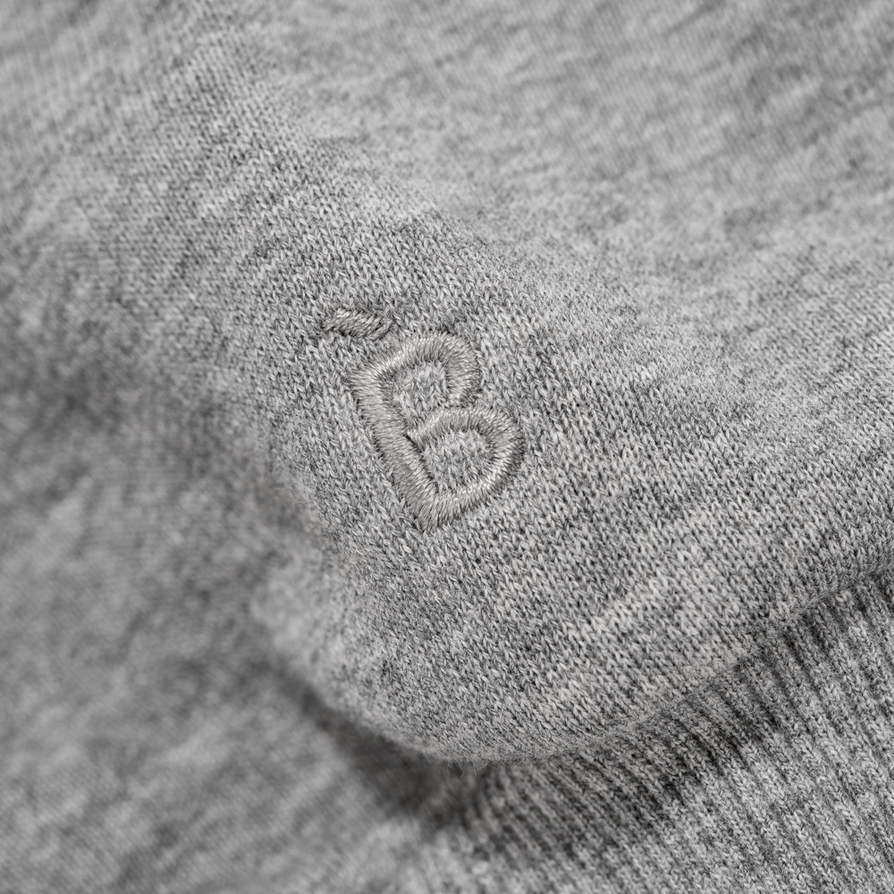 Close-up of Bouclème logo embroidered on Silk Lined Grey Hoodie