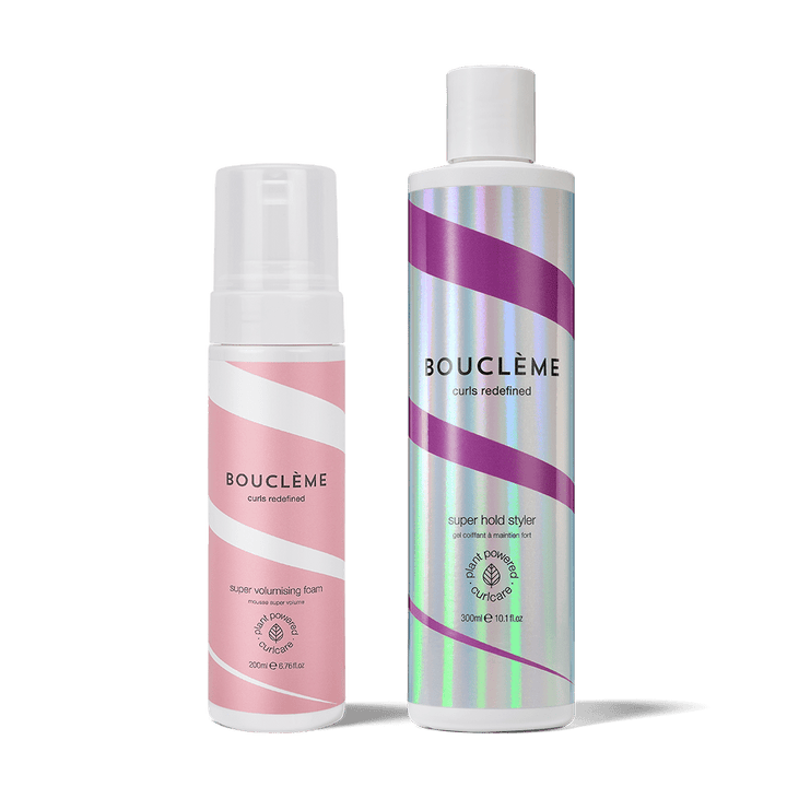 Maximum Volume Duo bundle featuring Super Volumising Foam and Super Hold Styler displayed on a soft cream background.