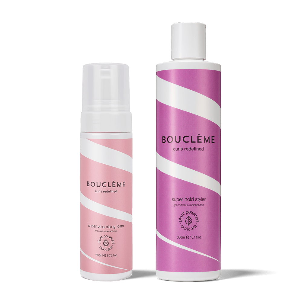 Maximum Volume Duo bundle featuring Super Volumising Foam and Super Hold Styler displayed on a soft cream background.