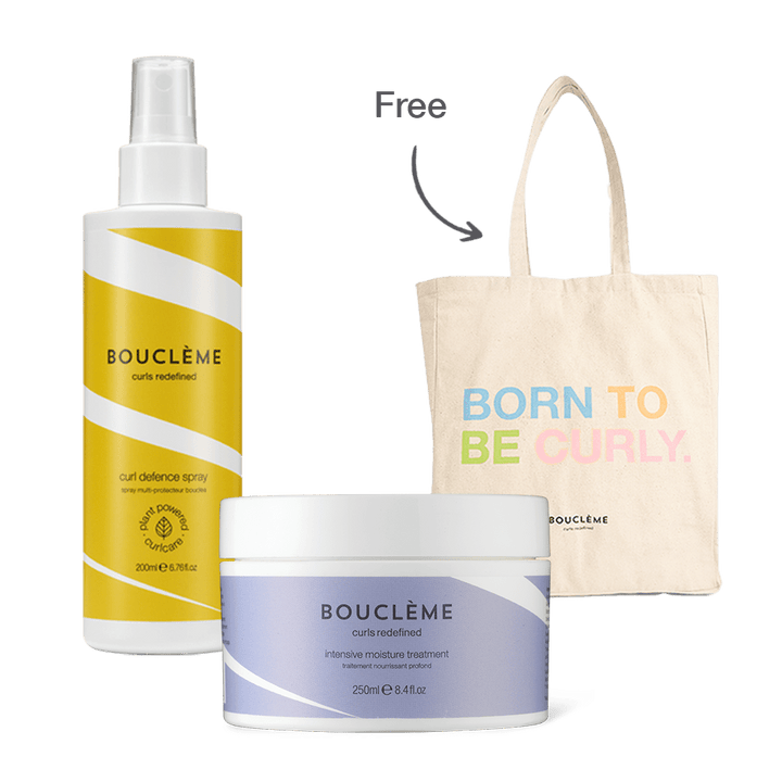 Bouclème’s Summer Curl Survival Kit featuring Curl Defence Spray, Intensive Moisture Treatment, and a cream-coloured tote bag with the Bouclème logo