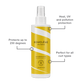 Curl Defence Spray graphic highlighting how the spray's UV and heat protection benefits for curls exposed to summer elements