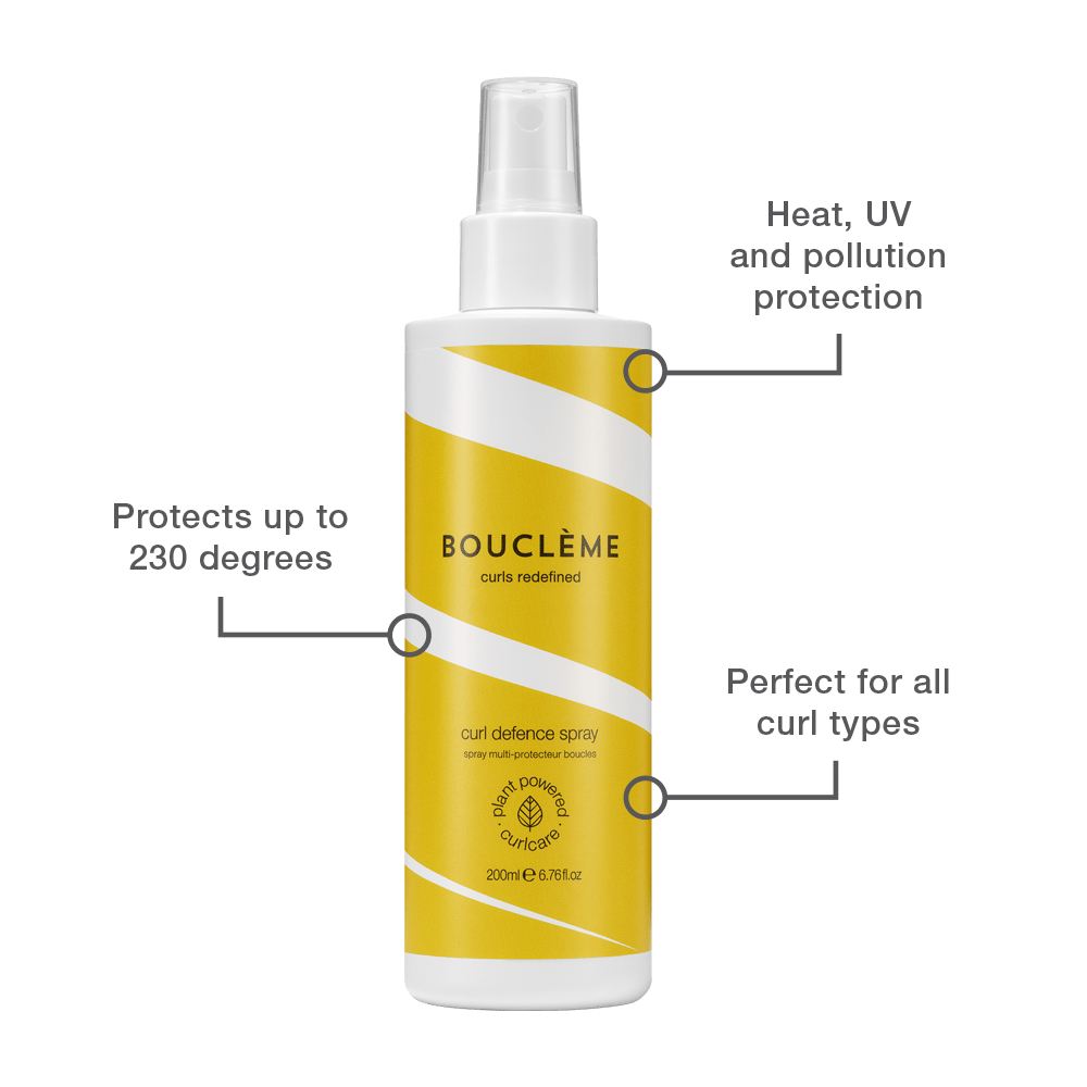 Curl Defence Spray graphic highlighting how the spray's UV and heat protection benefits for curls exposed to summer elements