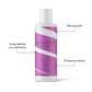 A white bottle of BOUCLÈME curls redefined super holder styler with a purple and white label, shown on a white background with callout lines and text highlighting its features: strong hold, long lasting curl definition, and enhances shine.