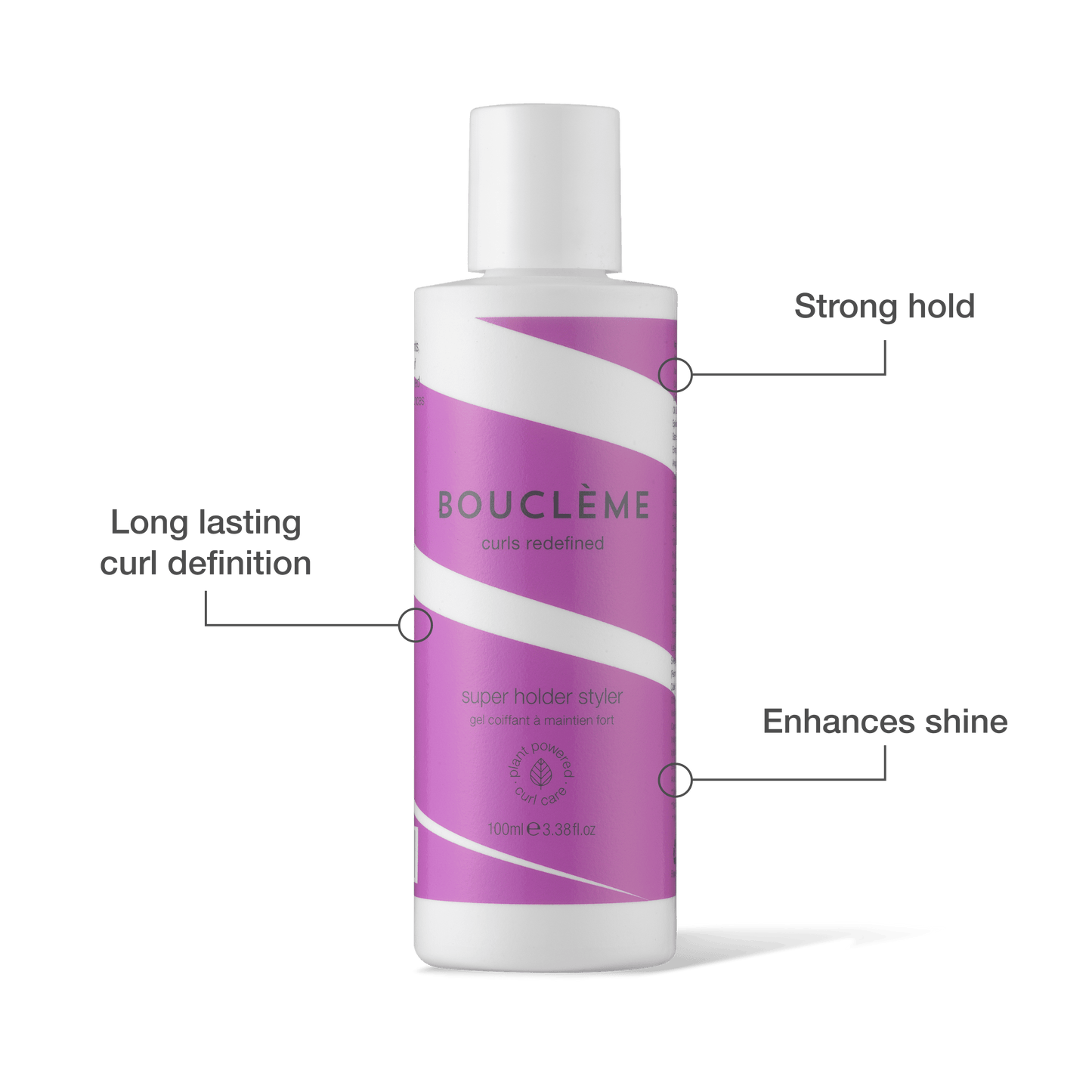A white bottle of BOUCLÈME curls redefined super holder styler with a purple and white label, shown on a white background with callout lines and text highlighting its features: strong hold, long lasting curl definition, and enhances shine.
