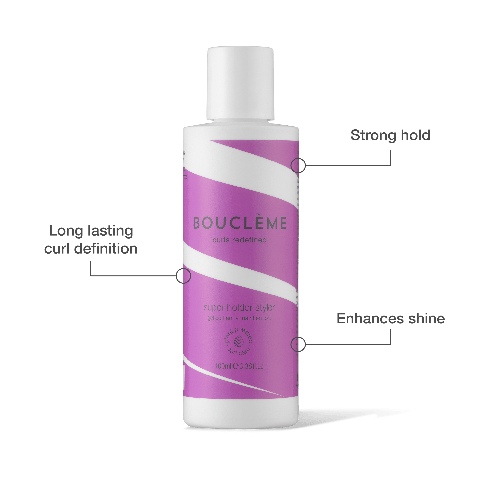 A white bottle of BOUCLÈME curls redefined super holder styler with a purple and white label, shown on a white background with callout lines and text highlighting its features: strong hold, long lasting curl definition, and enhances shine.